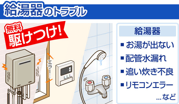 給湯器のトラブル、お湯が出ない、配管水漏れ、追い焚き不良、リモコンエラーなど